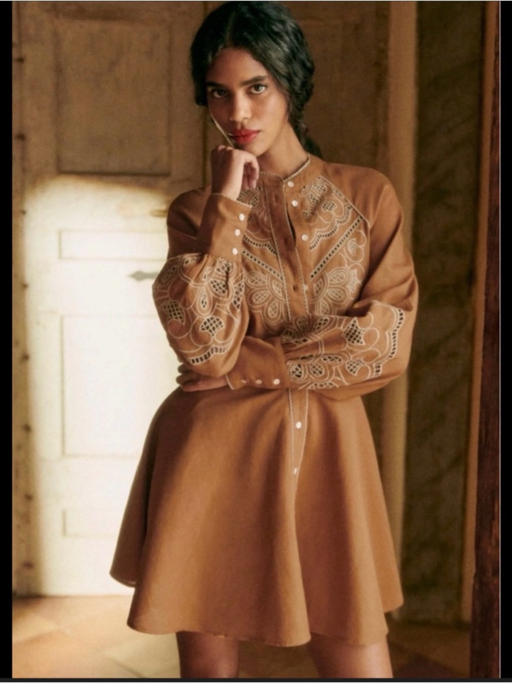 Sezane Camel Mini Dress with Ivory Embroidered Sleeves